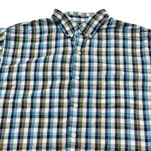 Van Heusen Shirt Men Size L Green White Blue Button Up Short Sleeve Cotton Blend